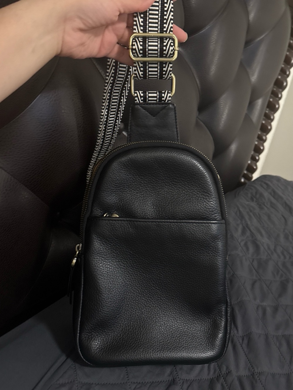 HOBO Black Leather Crossbody with Patterned Strap